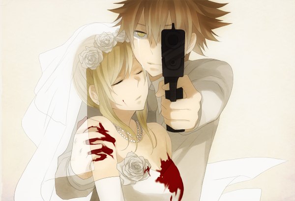 Anime picture 1300x886 with katekyou hitman reborn sawada tsunayoshi sasagawa kyoko kiri (lwp01 lav) long hair looking at viewer short hair blonde hair brown hair bare shoulders yellow eyes eyes closed crying girl dress boy flower (flowers) weapon gun blood