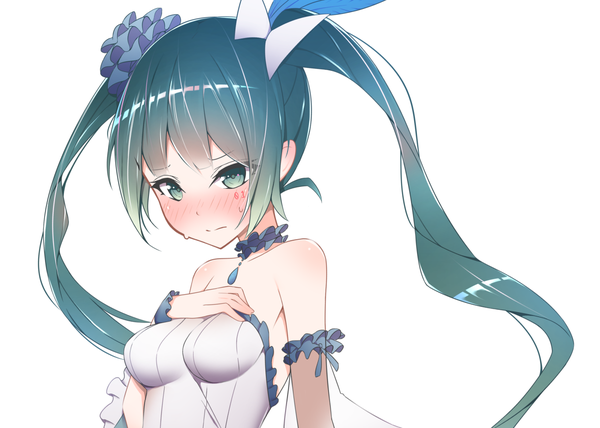 Anime picture 1200x857 with vocaloid hatsune miku giryu single long hair looking at viewer blush fringe breasts simple background white background twintails bare shoulders upper body blunt bangs aqua eyes aqua hair embarrassed facial mark hand on chest
