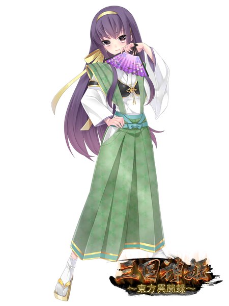 Anime-Bild 1920x2560 mit original takamiya ren single long hair tall image looking at viewer highres simple background white background brown eyes purple hair girl dress hairband fan