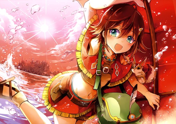 Anime picture 7055x4999 with suisei no gargantia production i.g amy (suisei no gargantia) single blush highres short hair open mouth blue eyes brown hair absurdres sky cloud (clouds) midriff flying girl navel animal water bag