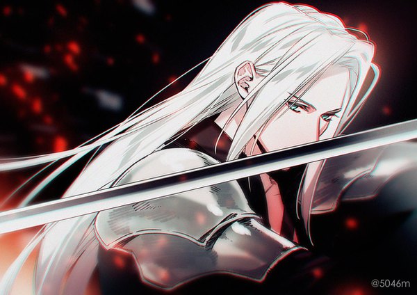 Anime picture 1230x870 with final fantasy vii advent children final fantasy square enix sephiroth 5046m single long hair blue eyes signed upper body white hair twitter username covered mouth boy weapon sword armor spaulder (spaulders)