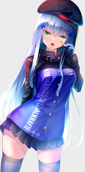 Anime picture 1191x2386 with girls frontline hk416 (girls frontline) kinome noi single long hair tall image looking at viewer blush fringe breasts open mouth simple background hair between eyes standing green eyes silver hair blunt bangs pleated skirt grey background dutch angle