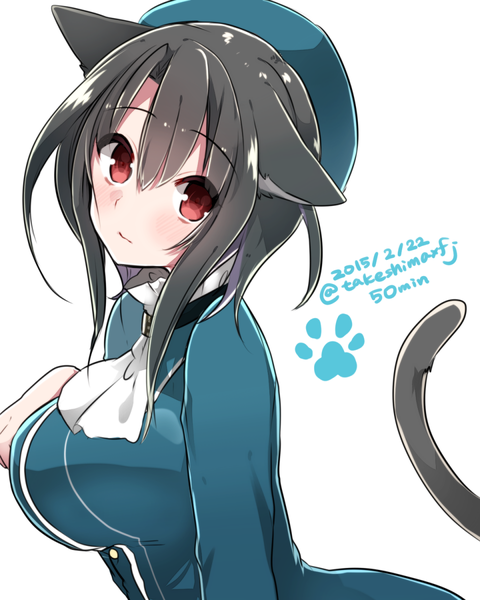 Anime picture 960x1200 with kantai collection takao heavy cruiser takeshima eku single tall image looking at viewer blush fringe short hair breasts black hair simple background red eyes large breasts white background signed animal ears tail head tilt animal tail