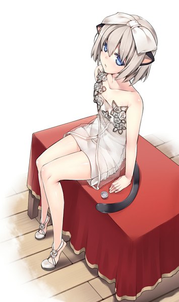 Anime picture 693x1169 with blade & soul lyn (blade & soul) kuro (kuronell) single tall image blush fringe short hair breasts blue eyes sitting bare shoulders animal ears silver hair tail animal tail from above cat tail flat chest kemonomimi mode
