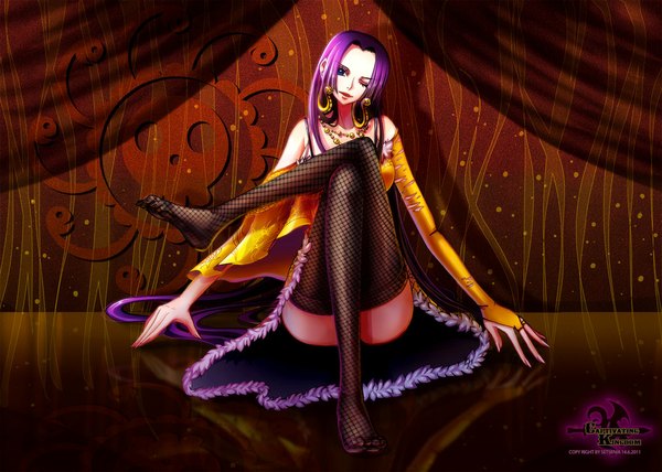 Anime picture 1057x755 with one piece toei animation boa hancock kaset218 (artist) single long hair looking at viewer breasts blue eyes light erotic large breasts sitting bare shoulders purple hair one eye closed wink alternate costume crossed legs text girl