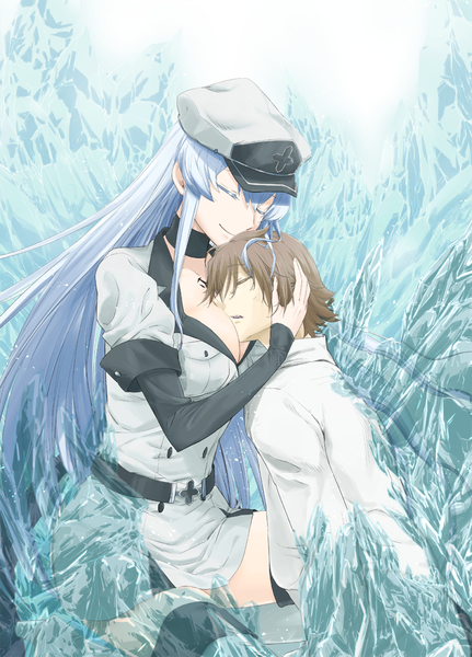 Anime picture 800x1113 with akame ga kill! white fox esdeath tatsumi (akame ga kill!) rurounin tall image fringe short hair breasts smile hair between eyes brown hair large breasts sitting payot blue hair cleavage eyes closed very long hair parted lips