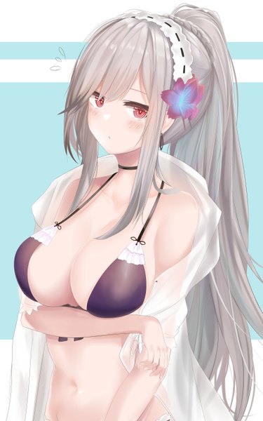 Anime picture 3500x5600 with azur lane dunkerque (azur lane) dunkerque (summer sucre) (azur lane) ru zhai single long hair tall image looking at viewer blush fringe highres breasts open mouth light erotic simple background hair between eyes red eyes large breasts standing bare shoulders