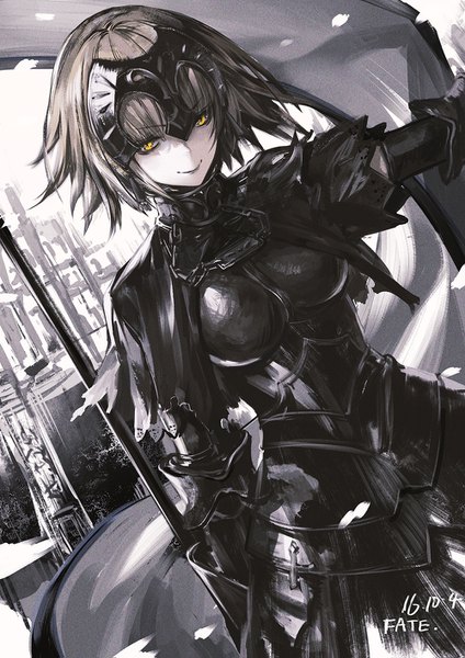 Anime picture 1000x1415 with fate (series) fate/grand order jeanne d'arc (fate) (all) jeanne d'arc alter (fate) infukun single tall image looking at viewer fringe short hair smile hair between eyes brown hair standing yellow eyes dutch angle copyright name outstretched arm dated dark persona