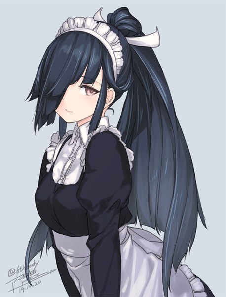 Anime picture 763x1000 with kantai collection hayashimo destroyer rokuwata tomoe single long hair tall image looking at viewer fringe black hair simple background signed ponytail pink eyes hair over one eye maid alternate costume twitter username dated girl uniform