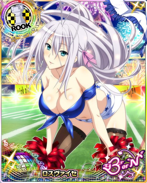 Anime picture 640x800 with highschool dxd rossweisse single tall image looking at viewer blush breasts blue eyes light erotic bare shoulders cleavage white hair very long hair card (medium) cheerleader girl thighhighs black thighhighs shorts short shorts