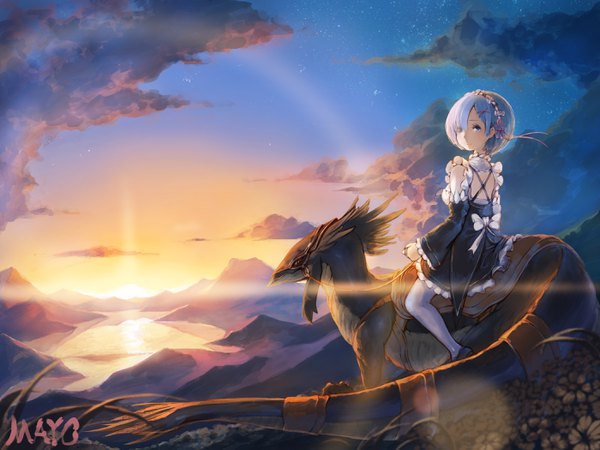 Anime picture 2800x2100 with re:zero kara hajimeru isekai seikatsu white fox rem (re:zero) patrasche (re:zero) mayo (miyusa) single looking at viewer fringe highres short hair blue eyes smile signed blue hair cloud (clouds) full body tail animal tail looking back blurry