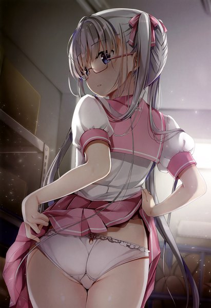 Anime picture 2265x3300 with melonbooks natsume eri single long hair tall image looking at viewer blush fringe highres blue eyes light erotic hair between eyes twintails silver hair indoors pleated skirt looking back from behind scan short sleeves