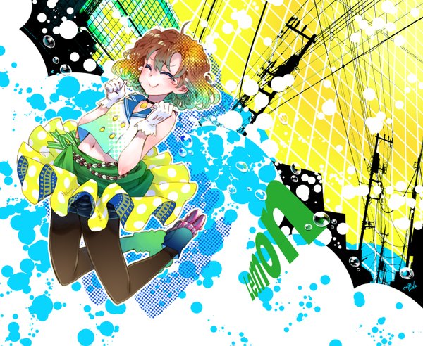 Anime picture 1500x1231 with original c.c. lemon c.c. lemon (character) takanashi ringo single blush short hair smile brown hair bare shoulders ahoge eyes closed jumping girl skirt gloves navel pantyhose choker shorts