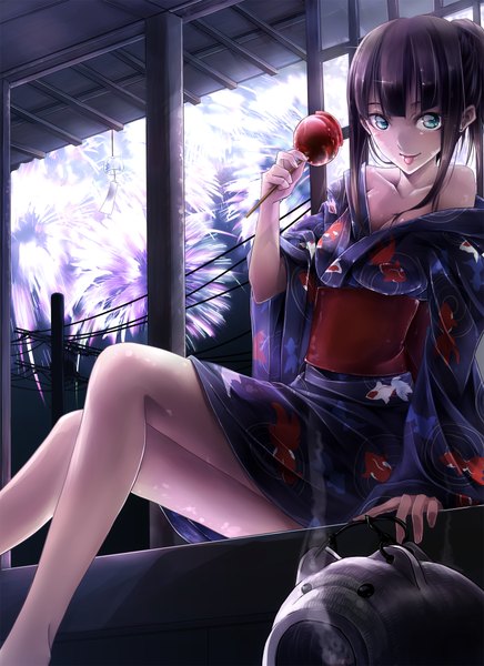 Anime picture 1438x1979 with idolmaster idolmaster cinderella girls shibuya rin futami kito single long hair tall image looking at viewer blue eyes black hair sitting ponytail traditional clothes japanese clothes :p girl food kimono tongue obi