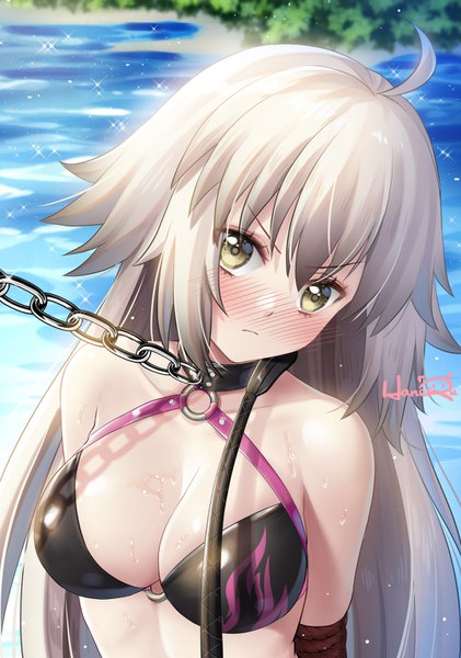 Anime picture 1000x1424 with fate (series) fate/grand order jeanne d'arc (fate) (all) jeanne d'arc alter (fate) jeanne d'arc alter (swimsuit berserker) (fate) haneru single long hair tall image looking at viewer blush fringe breasts light erotic hair between eyes large breasts bare shoulders signed yellow eyes cleavage