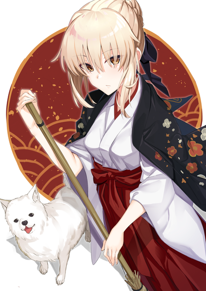 Anime picture 1032x1457 with fate (series) fate/grand order artoria pendragon (all) saber alter cavall the 2nd shuutou haruka single tall image looking at viewer fringe short hair blonde hair hair between eyes brown eyes traditional clothes japanese clothes from above miko clothes on shoulders girl