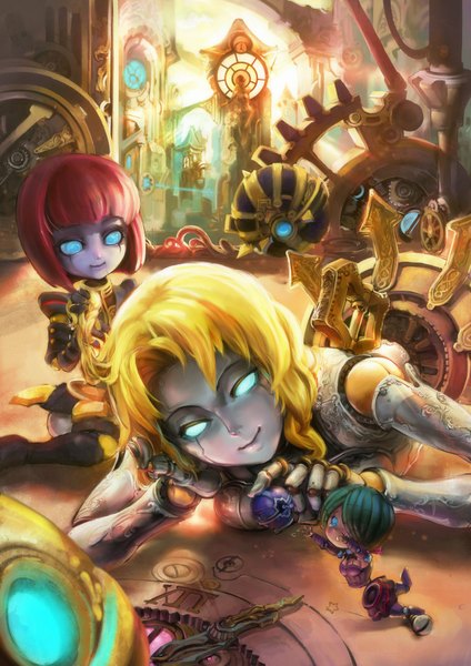 Anime picture 1280x1810 with league of legends orianna (league of legends) phantom (ptcrow) tall image fringe short hair blue eyes blonde hair smile red hair green hair lips hair over one eye multiple persona mechanical girl ball teardrop robot doll (dolls)