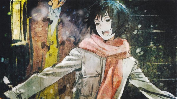 Anime picture 7118x4000 with no.6 studio bones shion (no.6) safu (no.6) humi (artist) single fringe highres short hair open mouth black hair wide image standing looking away absurdres black eyes happy snowing winter snow