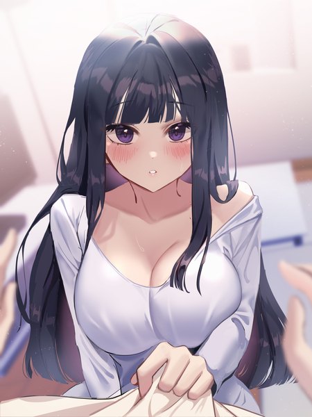 Anime picture 1100x1467 with original s2mias2 long hair tall image looking at viewer blush fringe breasts light erotic black hair large breasts purple eyes indoors blunt bangs long sleeves parted lips blurry off shoulder depth of field solo focus
