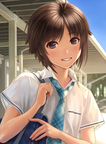 Anime picture 1031x1400 with idolmaster kikuchi makoto nekopuchi single tall image looking at viewer fringe short hair brown hair upper body outdoors parted lips light smile grey eyes plaid rough time school girl uniform school uniform shirt