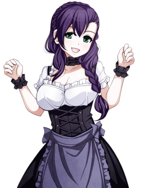 Anime picture 750x1000 with love live! school idol project sunrise (studio) love live! toujou nozomi torigoe takumi single long hair tall image looking at viewer open mouth simple background white background green eyes purple hair braid (braids) traditional clothes twin braids girl dress wrist cuffs