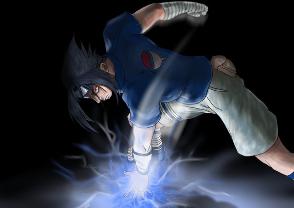 Anime picture 4093x2894 with naruto studio pierrot naruto (series) uchiha sasuke erng.h single looking at viewer highres short hair black hair simple background red eyes standing absurdres full body profile leaning leaning forward magic black background