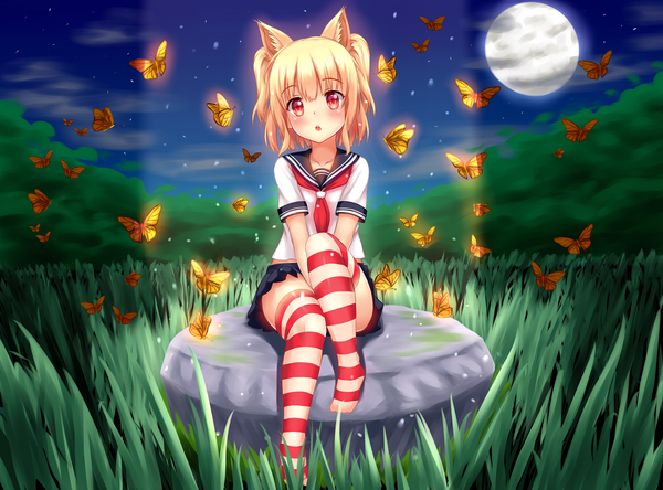 Anime picture 1200x888 with original nottytiffy single blush short hair blonde hair red eyes twintails animal ears cloud (clouds) parted lips pleated skirt night loli night sky short twintails girl thighhighs skirt uniform