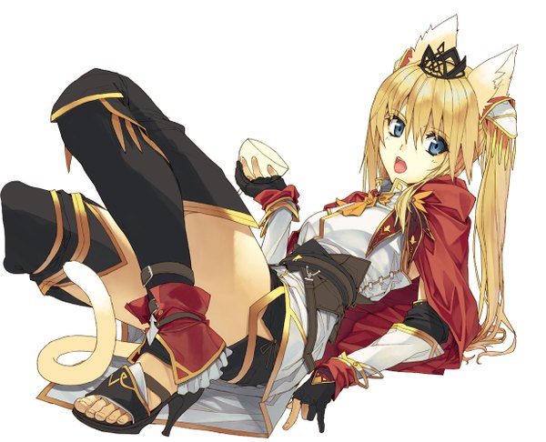 Anime picture 1233x1000 with original luna (reclaimed land) single long hair looking at viewer open mouth blue eyes blonde hair simple background white background twintails holding animal ears tail cat ears cat girl cat tail reclining girl gloves