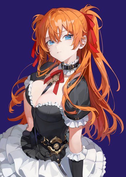 Anime picture 2500x3500 with neon genesis evangelion gainax soryu asuka langley chyoel single long hair tall image looking at viewer fringe highres breasts blue eyes light erotic simple background hair between eyes large breasts standing head tilt orange hair two-tone hair