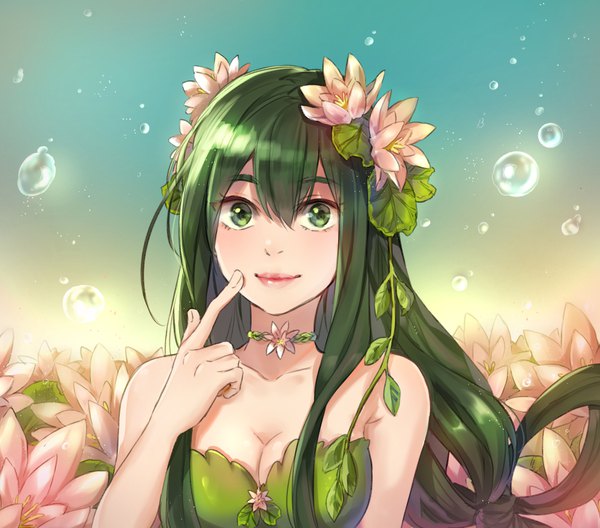 Anime picture 992x874 with boku no hero academia studio bones asui tsuyu annabel-m single long hair looking at viewer fringe hair between eyes bare shoulders green eyes cleavage upper body hair flower green hair lipstick pink lipstick girl flower (flowers) choker