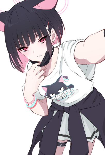 Anime picture 1900x2800 with blue archive kazusa (blue archive) kazusa (band) (blue archive) ycya2482 single tall image looking at viewer highres short hair black hair simple background red eyes white background animal ears multicolored hair cat ears official alternate costume colored inner hair self shot clothes around waist