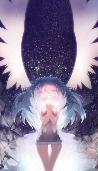 Anime picture 1000x1750 with original aile (crossroads) single long hair tall image bare shoulders pink eyes aqua hair sleeveless tears angel wings crying girl debris