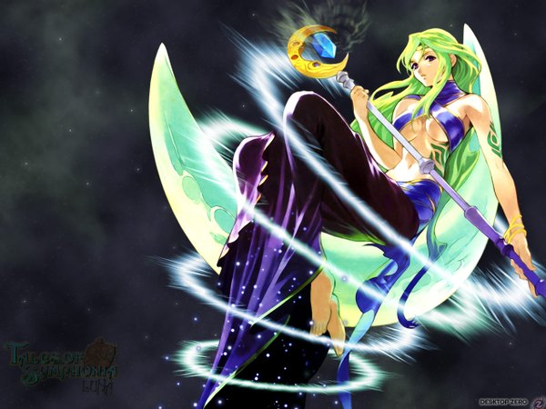Anime picture 1280x960 with tales of (series) tales of symphonia luna (tos) fujishima kousuke single long hair looking at viewer light erotic sitting purple eyes signed full body barefoot green hair night sparkle tattoo night sky magic third-party edit
