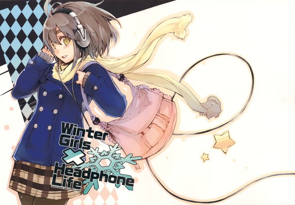 Anime picture 5021x3500 with winter girls x headphone life original fujishima (artist) single highres short hair simple background smile brown hair white background yellow eyes absurdres scan inscription rhombus girl skirt headphones scarf star (symbol)