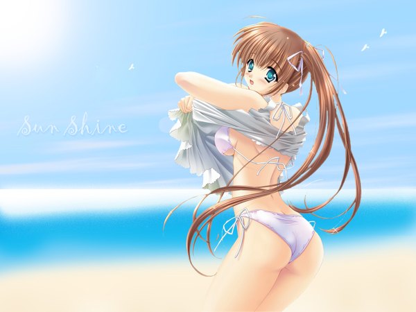 Anime picture 1600x1200 with carnelian single long hair looking at viewer blush open mouth blue eyes light erotic brown hair looking back undressing third-party edit girl swimsuit bikini white bikini