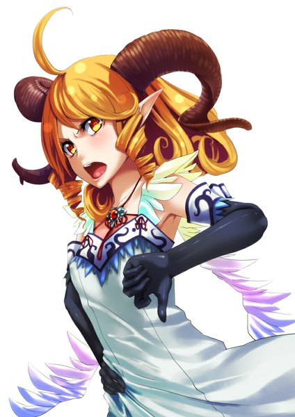 Anime picture 744x1052 with original ruuto (sorufu) single long hair tall image looking at viewer open mouth simple background blonde hair white background yellow eyes ahoge horn (horns) pointy ears hand on hip drill hair angry girl dress gloves
