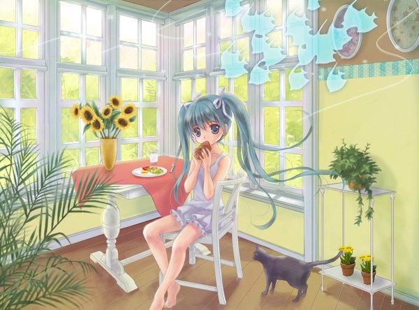 Anime picture 1500x1111 with vocaloid hatsune miku keiko220 single long hair sitting twintails barefoot aqua eyes aqua hair loli girl plant (plants) cat chair table child (children) sunflower