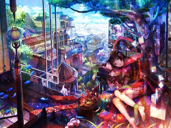 Anime picture 2048x1536 with original fuzichoco highres short hair brown hair barefoot city cityscape detailed girl plant (plants) tree (trees) building (buildings) fish (fishes) lantern lamppost roof cube