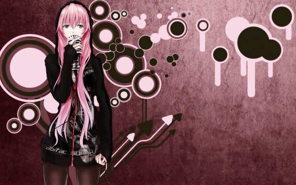 Anime picture 1680x1050 with vocaloid megurine luka mille (dieci) single long hair blush wide image green eyes pink hair third-party edit girl thighhighs black thighhighs hood microphone microphone stand