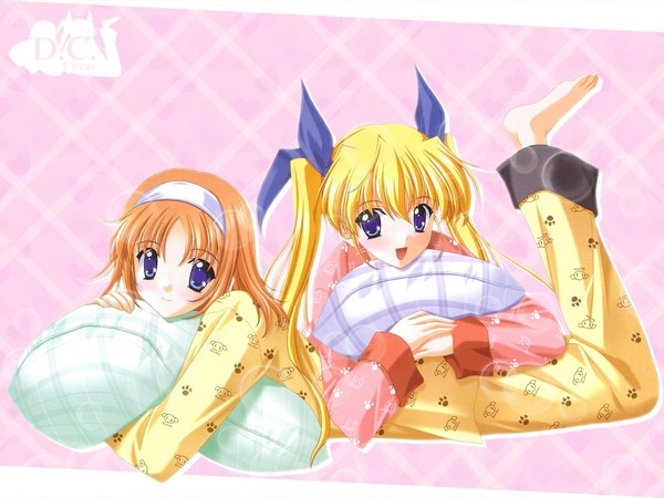 Anime picture 1024x768 with da capo yoshino sakura amakase miharu nanao naru igul long hair looking at viewer blush open mouth blue eyes blonde hair twintails multiple girls lying orange hair on stomach animal print pillow hug girl ribbon (ribbons)