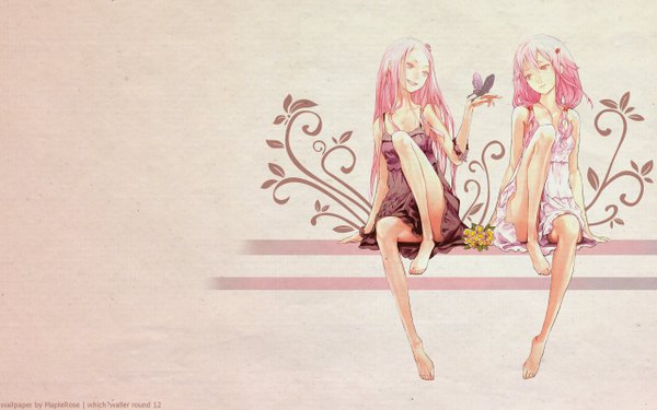 Anime picture 2560x1600 with guilty crown production i.g yuzuriha inori ouma mana redjuice maplerose long hair highres open mouth simple background smile red eyes wide image sitting bare shoulders multiple girls pink hair bent knee (knees) barefoot bare legs