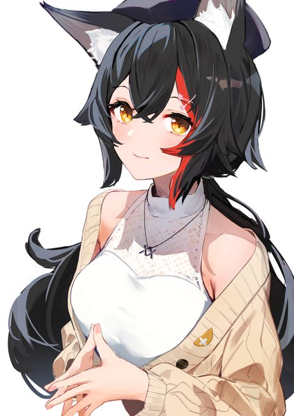 Anime-Bild 1416x2000 mit virtual youtuber hololive ookami mio ookami mio (5th costume) isaya (pixiv4541633) single long hair tall image fringe black hair simple background hair between eyes white background animal ears yellow eyes upper body multicolored hair light smile off shoulder streaked hair