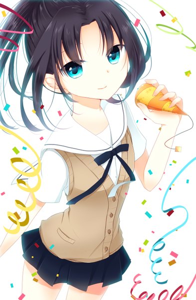 Anime picture 1000x1524 with original goma (11zihisin) single long hair tall image blue eyes black hair simple background white background girl skirt uniform school uniform miniskirt vest confetti