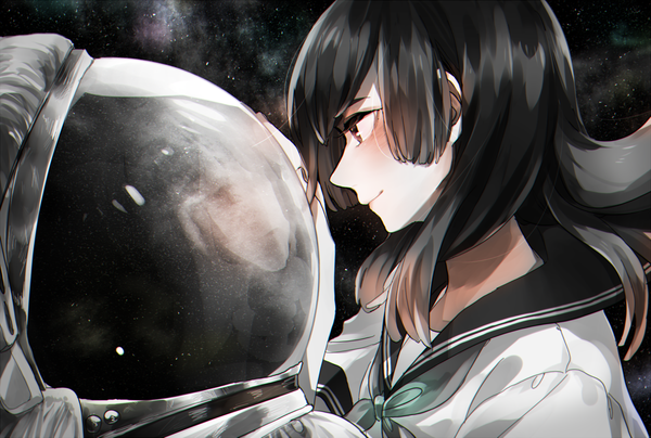 Anime picture 1500x1012 with original karashi ake single long hair blush black hair brown eyes looking away upper body short sleeves reflection space girl uniform shirt serafuku white shirt star (stars) spacesuit