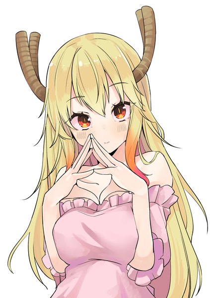 Anime picture 2039x2894 with kobayashi-san chi no maidragon kyoto animation tooru (maidragon) yunekoko single long hair tall image looking at viewer fringe highres simple background blonde hair hair between eyes red eyes white background upper body horn (horns) fingers together girl