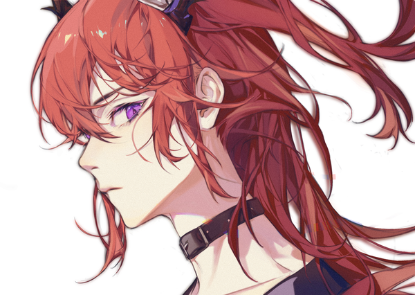 Anime picture 2105x1494 with arknights surtr (arknights) surtr (liberte echec) (arknights) taikongchengzhi single long hair looking at viewer fringe highres simple background hair between eyes white background purple eyes payot upper body red hair profile horn (horns) off shoulder floating hair