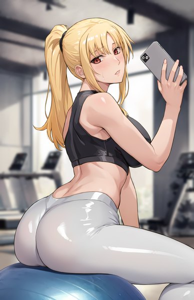 Anime picture 775x1200 with mahou shoujo lyrical nanoha fate testarossa ishigaki takashi single long hair tall image looking at viewer blush fringe breasts light erotic blonde hair large breasts sitting bare shoulders holding payot ass ponytail indoors