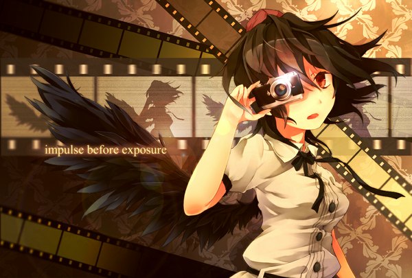 Anime picture 1184x800 with touhou shameimaru aya single looking at viewer short hair open mouth black hair red eyes girl dress hat wings camera