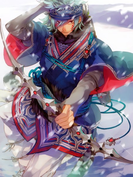Anime picture 2288x3027 with original kazuaki single tall image looking at viewer highres short hair holding traditional clothes wind aqua hair snowing winter face paint boy weapon bandana bow (weapon) arrow (arrows)