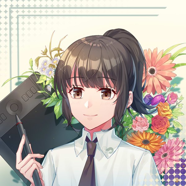 Anime picture 1024x1024 with original blue shrimp single blush fringe short hair black hair simple background smile holding brown eyes payot looking away upper body ponytail blunt bangs yellow background girl flower (flowers) shirt